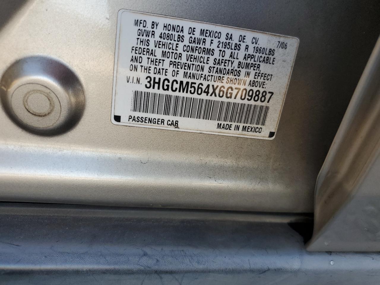 Lot #3276479159 2006 HONDA ACCORD LX