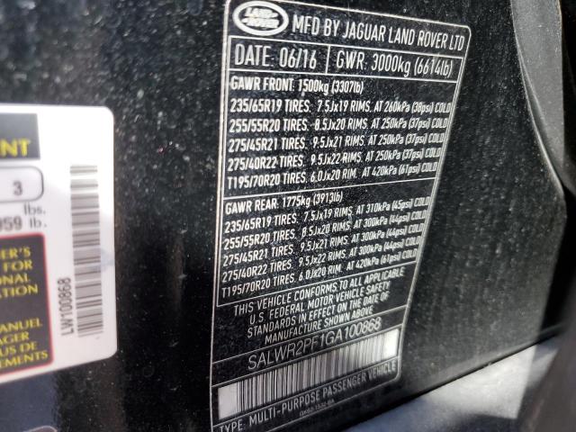 2016 LAND ROVER RANGE ROVE SALWR2PF1GA100868