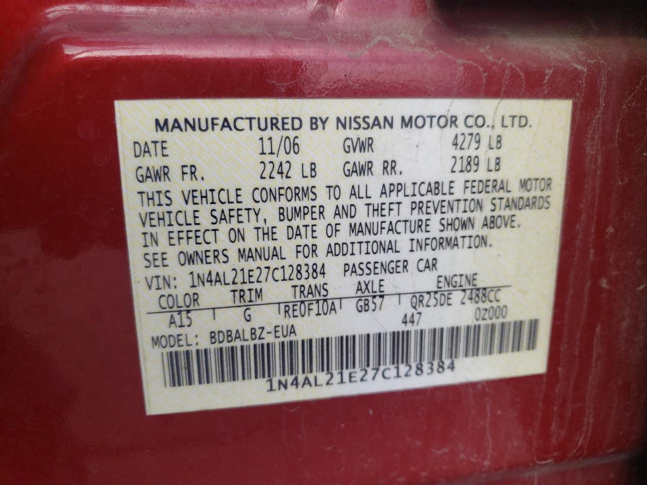 Lot #3278946047 2007 NISSAN ALTIMA 2.5