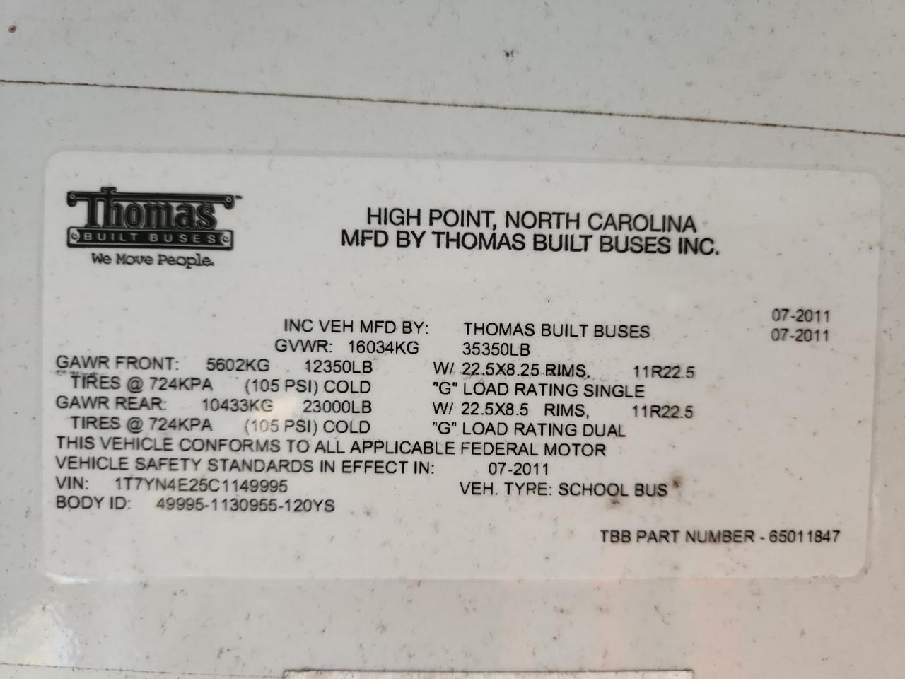 Lot #3271706662 2012 THOMAS SAF-T-LINER HDX