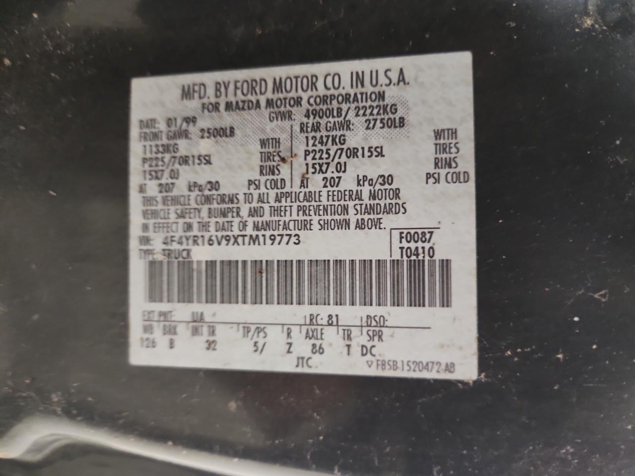 Lot #3275683788 1999 MAZDA B3000 CAB