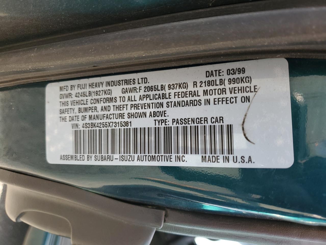 Lot #3302796894 1999 SUBARU LEGACY BRI