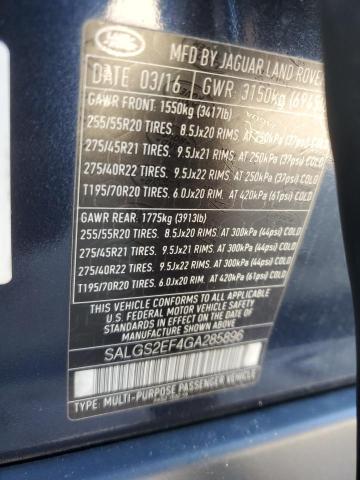 2016 LAND ROVER RANGE ROVER SUPERCHARGED SALGS2EF4GA285896