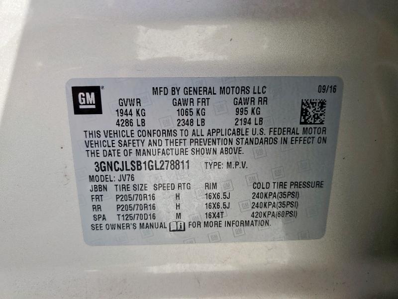 2016 CHEVROLET TRAX 1LT 3GNCJLSB1GL278811