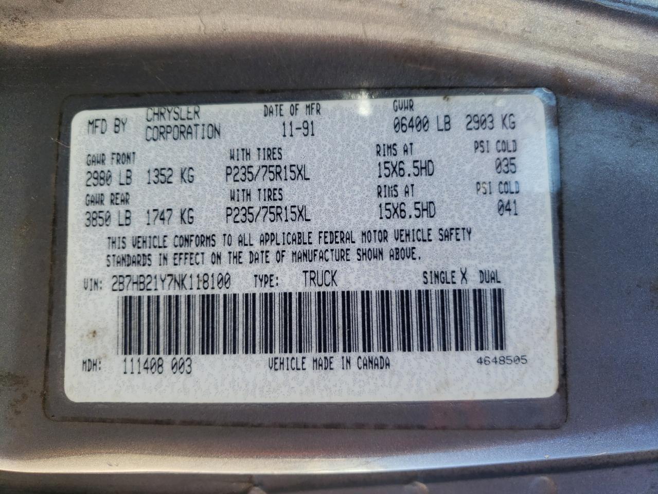 Lot #3301791347 1992 DODGE RAM WAG B2