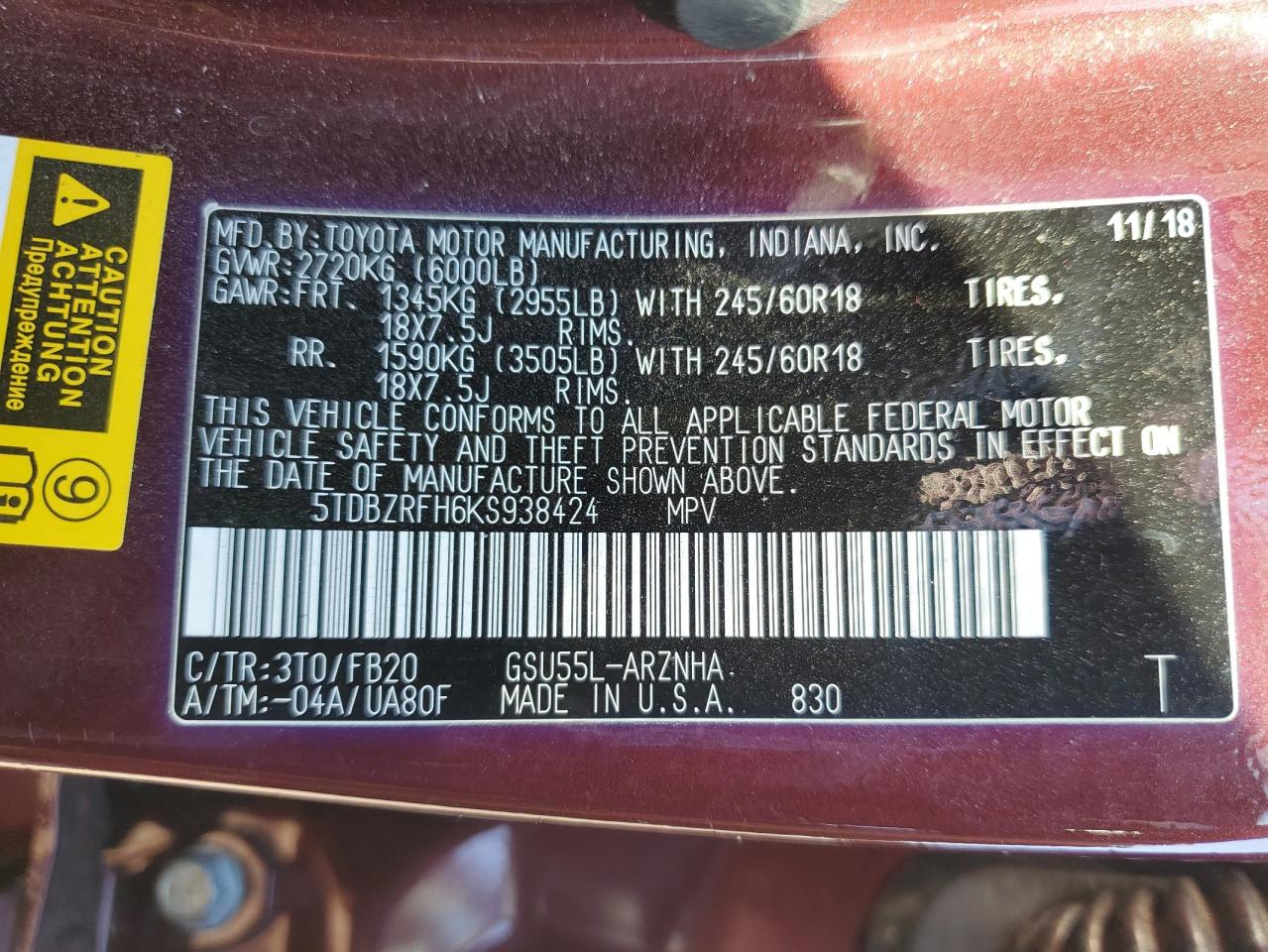 Lot #3302948614 2019 TOYOTA HIGHLANDER LE