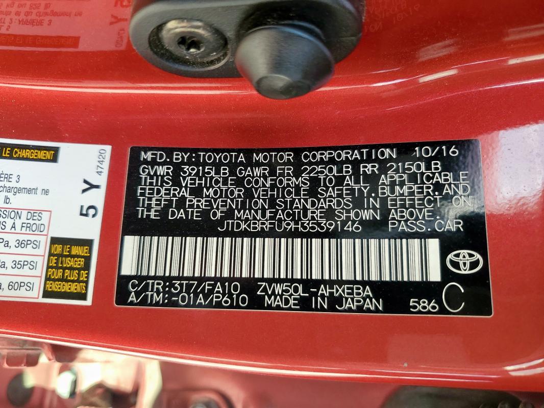 2017 TOYOTA PRIUS - JTDKBRFU9H3539146