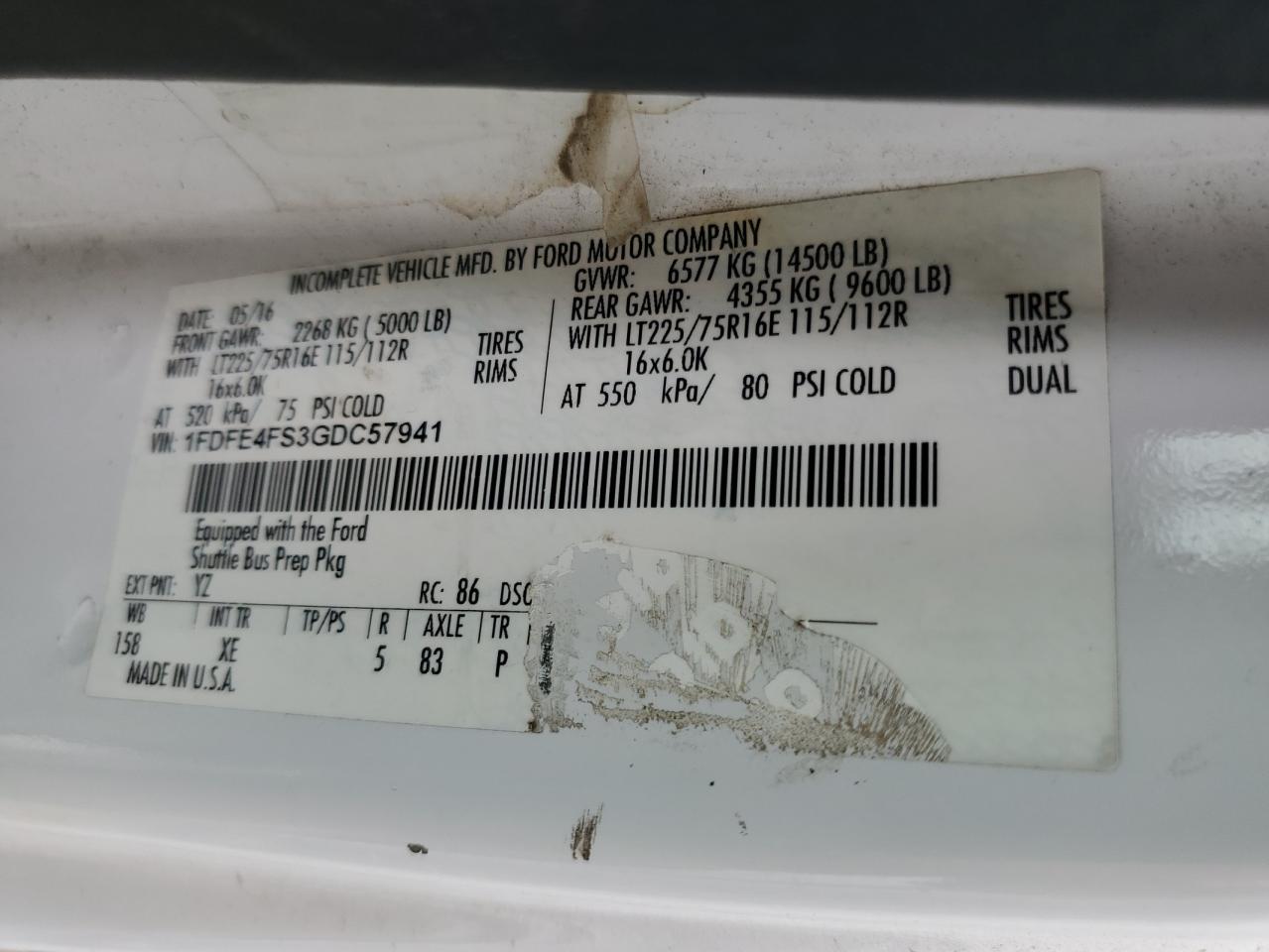 Lot #3283855434 2016 FORD ECONOLINE E450 SUPER DUTY CUTAWAY VAN