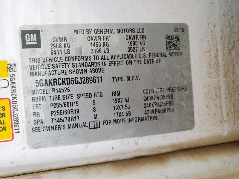 2016 BUICK ENCLAVE 5GAKRCKD5GJ289611