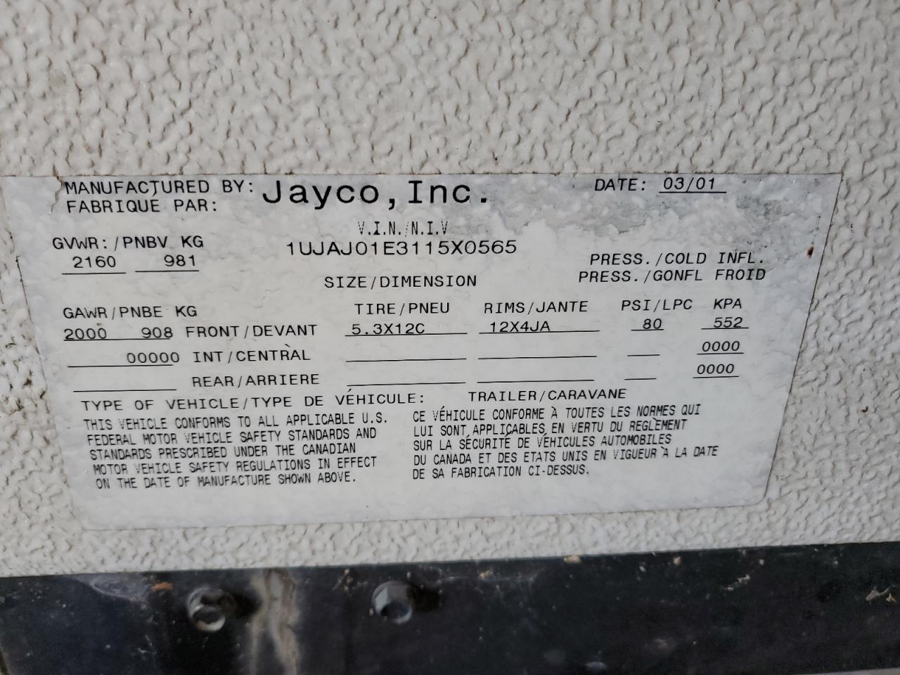 Lot #3271832682 2001 OTHER JAYCO POPU