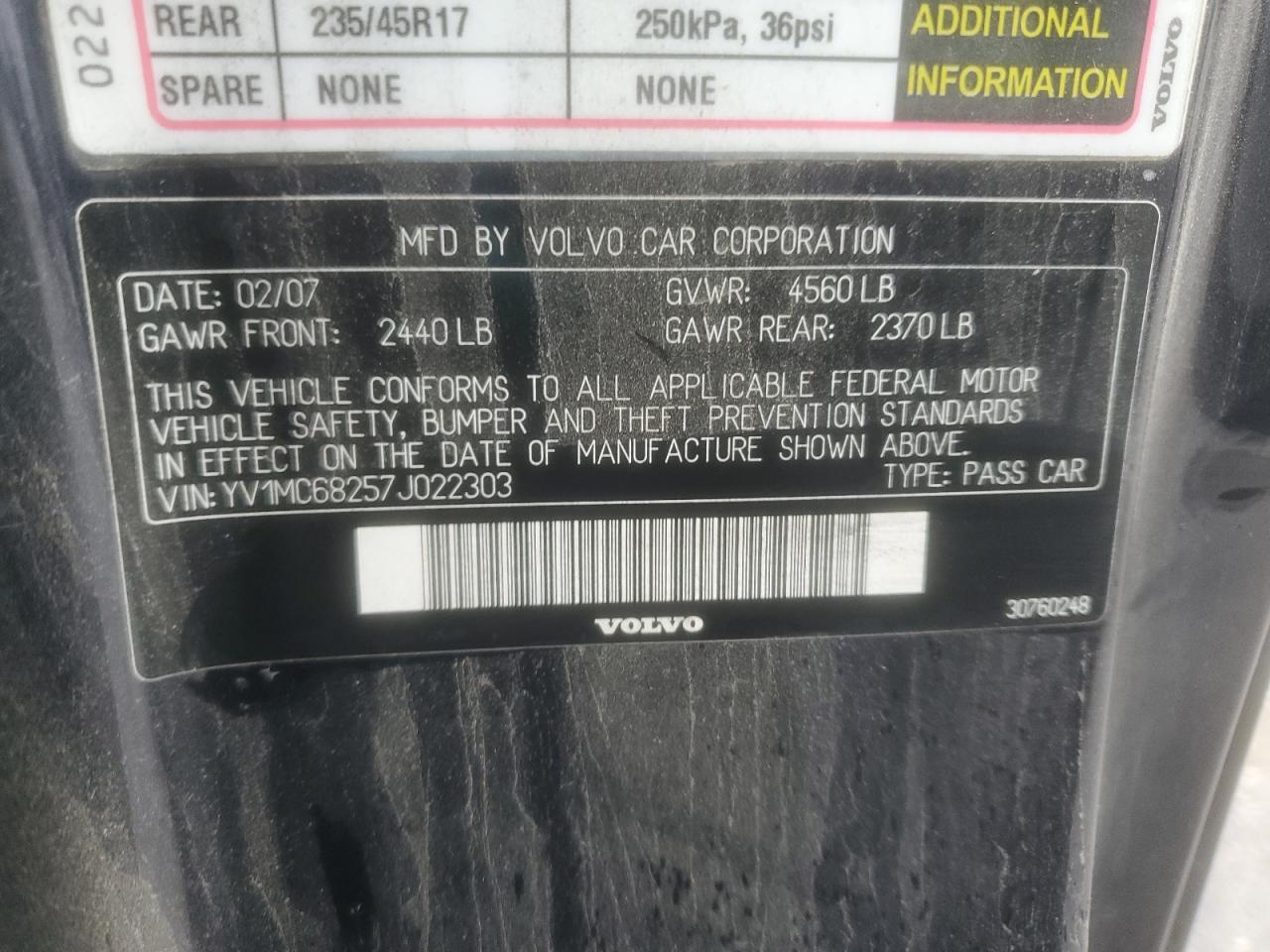 Lot #3302788893 2007 VOLVO C70 T5