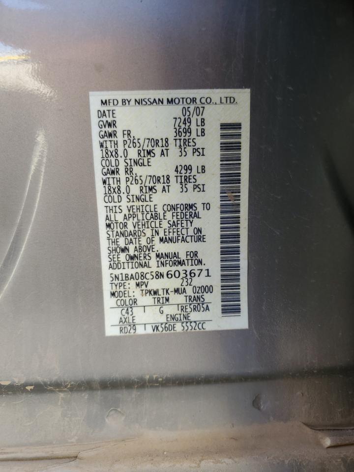 Lot #3290400758 2008 NISSAN ARMADA SE