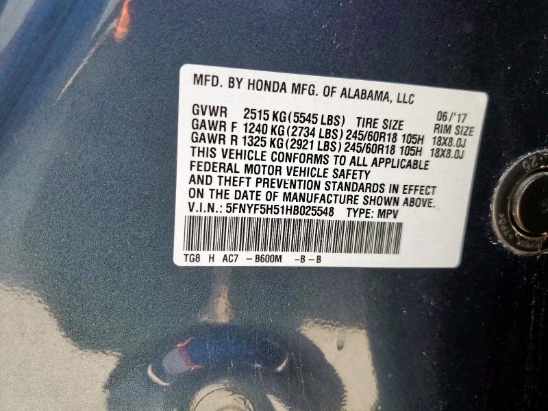 2017 HONDA PILOT EXL 5FNYF5H51HB025548