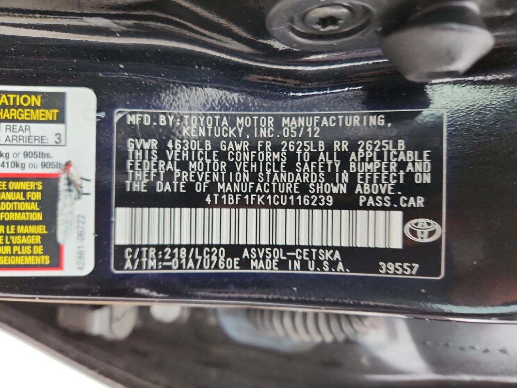 2012 TOYOTA CAMRY BASE #3282330269