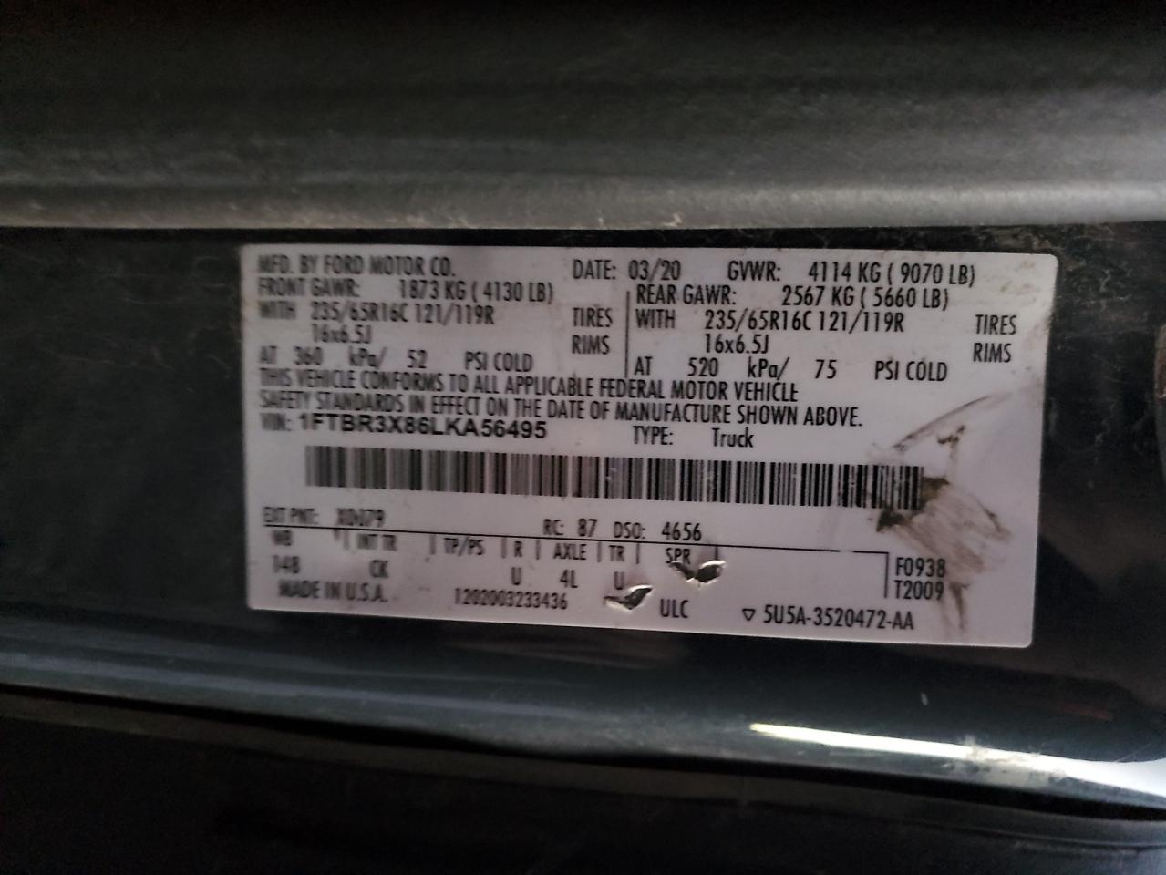 Lot #3317725077 2020 FORD TRANSIT T-