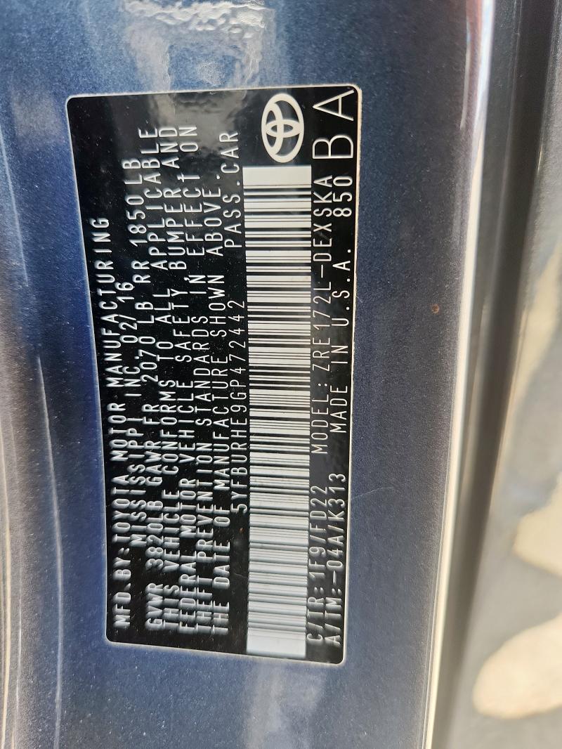 2016 TOYOTA COROLLA L - 5YFBURHE9GP472442