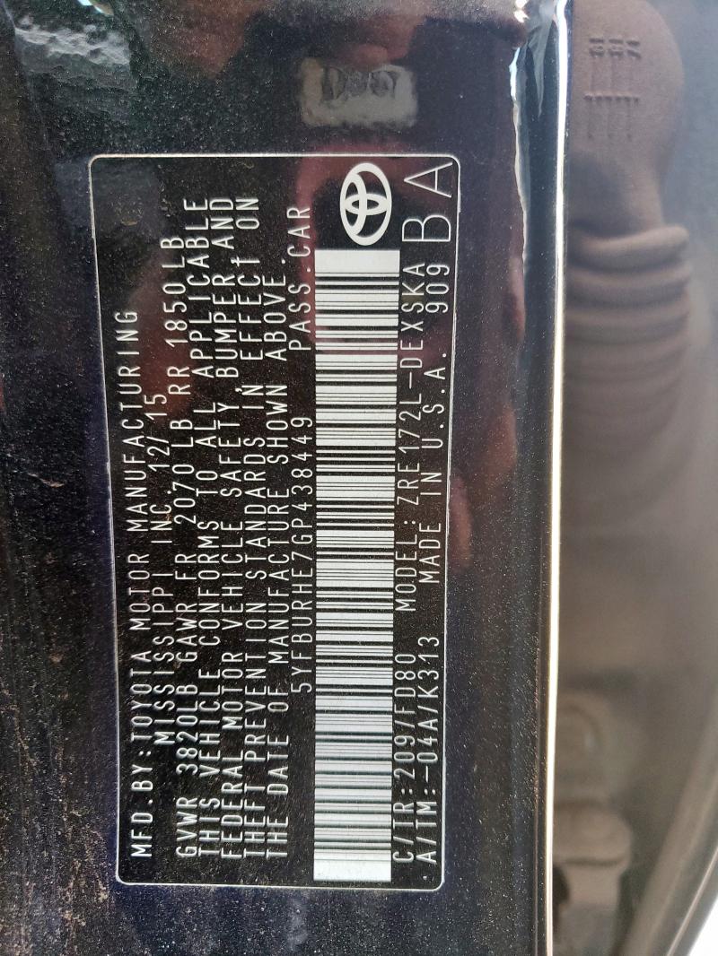 2016 TOYOTA COROLLA L - 5YFBURHE7GP438449