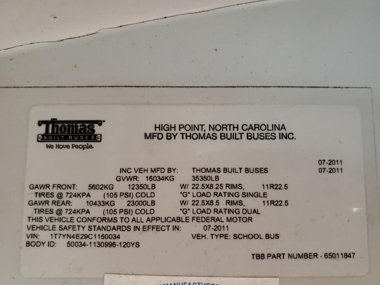 Lot #3268971007 2012 THOMAS SAF-T-LINER HDX