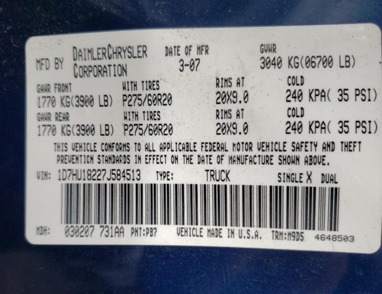 Lot #3272261214 2007 DODGE RAM 1500 S