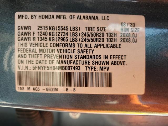 2021 HONDA PILOT TOUR - 5FNYF5H94MB007493