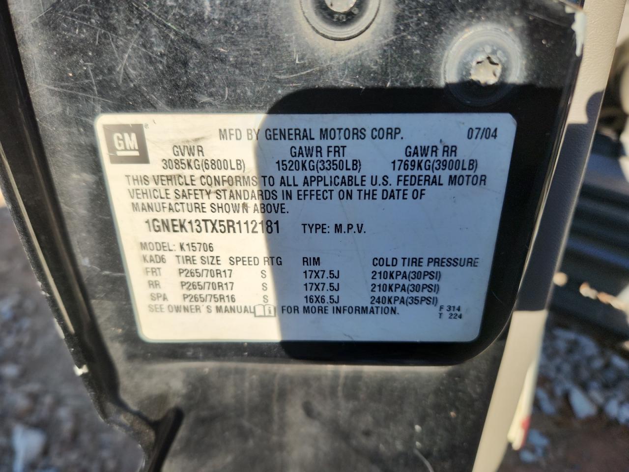 Lot #3290230214 2005 CHEVROLET TAHOE