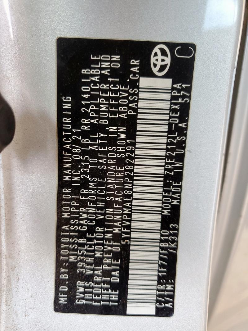 2022 TOYOTA COROLLA LE - 5YFVPMAE8NP282291