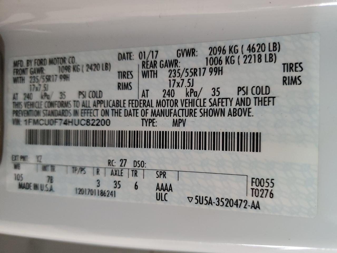 Lot #3310663738 2017 FORD ESCAPE S