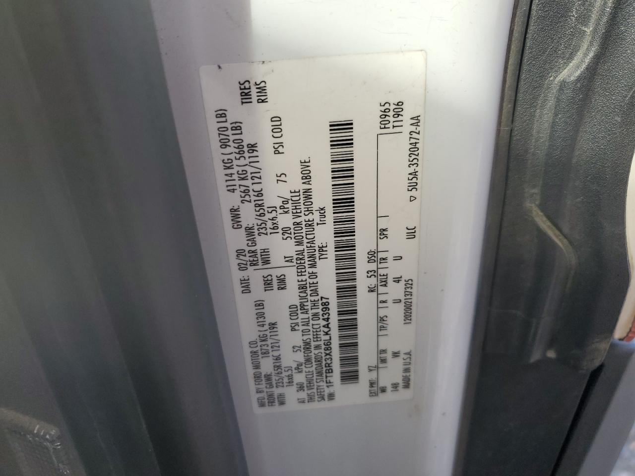 Lot #3316818445 2020 FORD TRANSIT