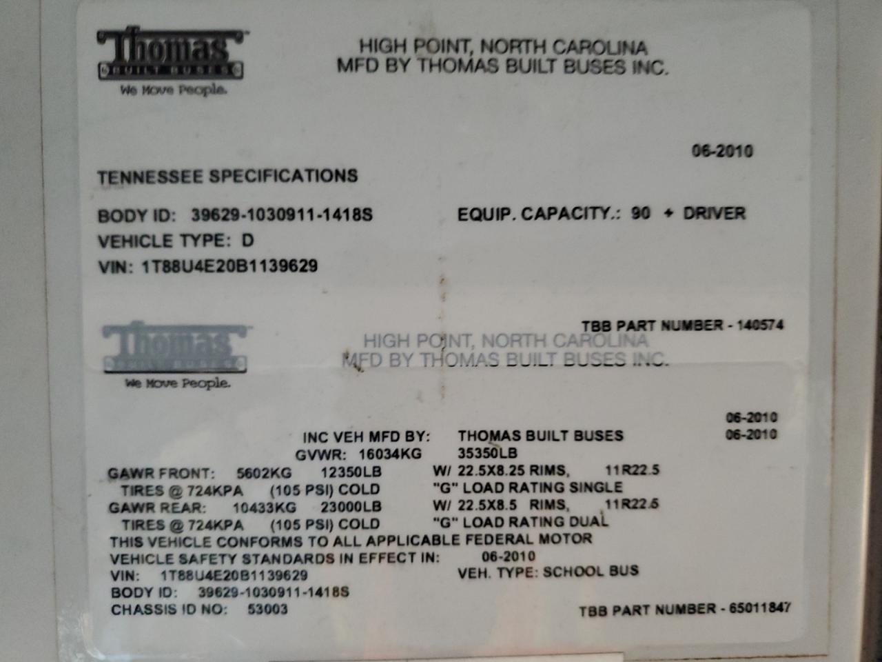 Lot #3273730356 2011 THOMAS SAF-T-LINER HDX