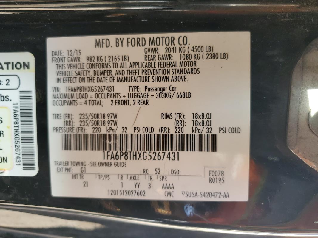 2016 FORD MUSTANG - 1FA6P8THXG5267431