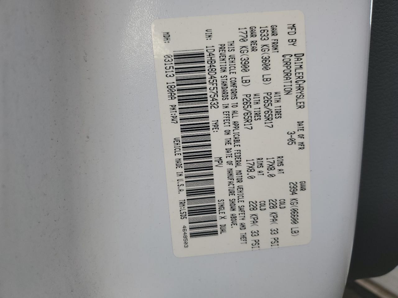 Lot #3297250378 2005 DODGE DURANGO SL