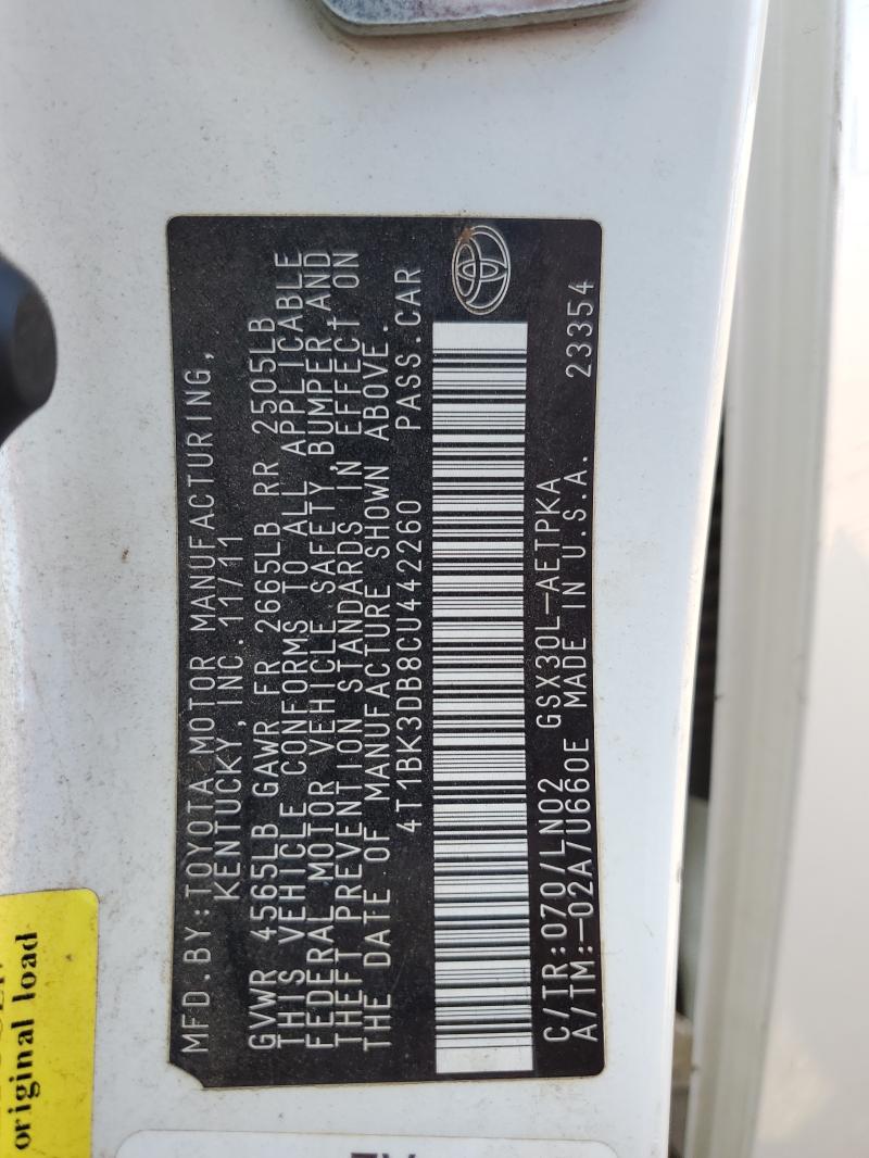 2012 TOYOTA AVALON BAS #3292617622