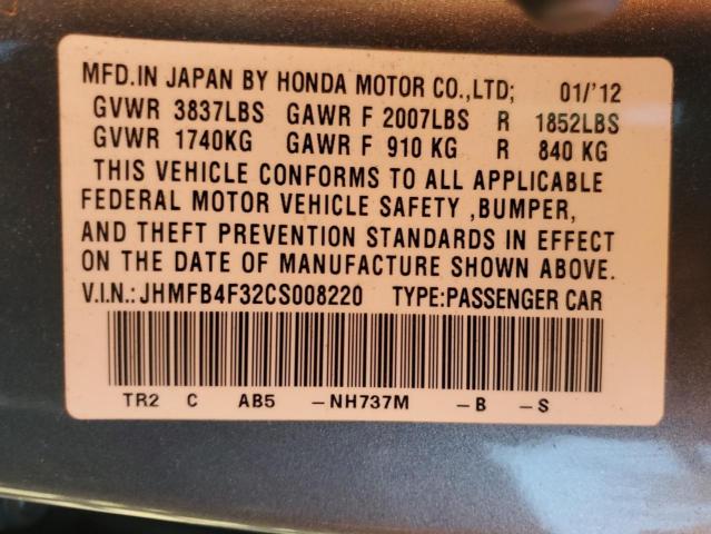 2012 HONDA CIVIC HYBR - JHMFB4F32CS008220