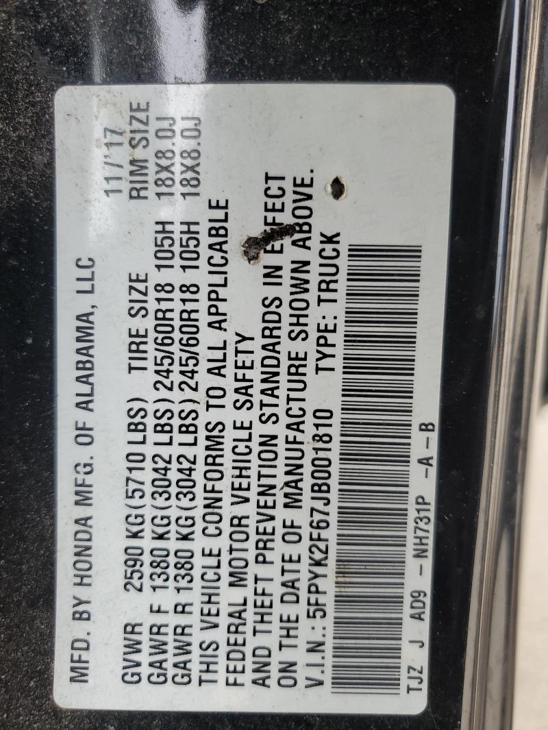 2018 HONDA RIDGELINE - 5FPYK2F67JB001810