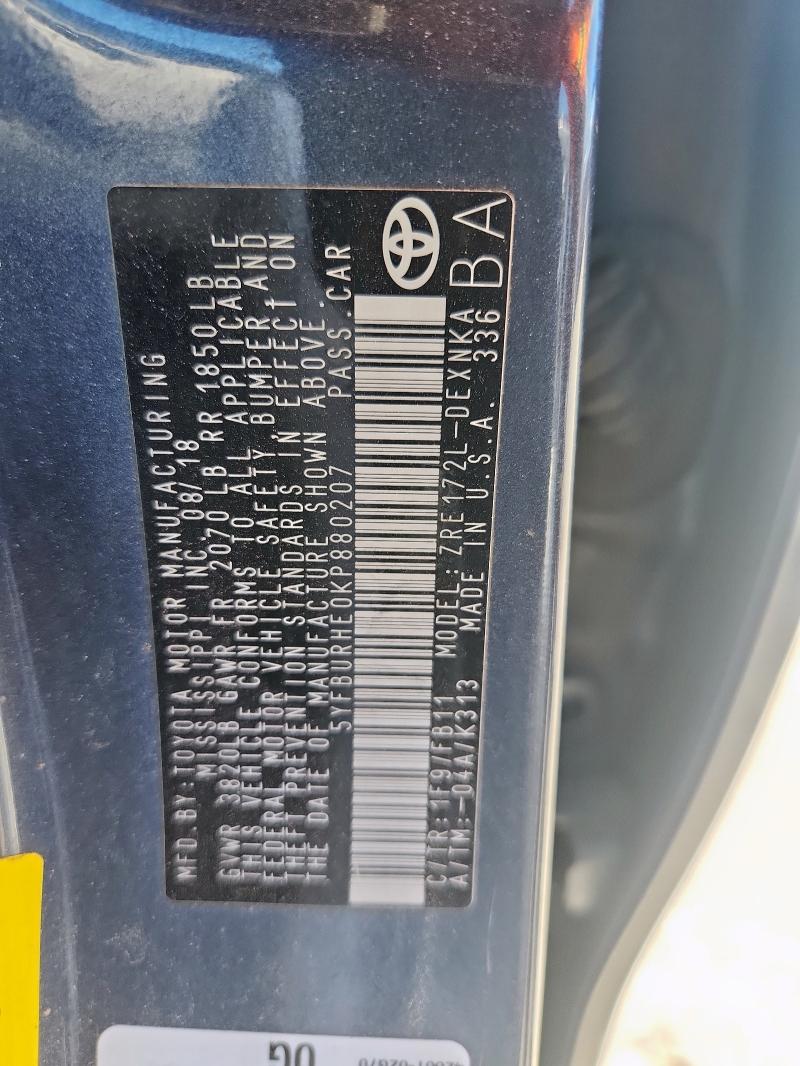 2019 TOYOTA COROLLA L 5YFBURHE0KP880207