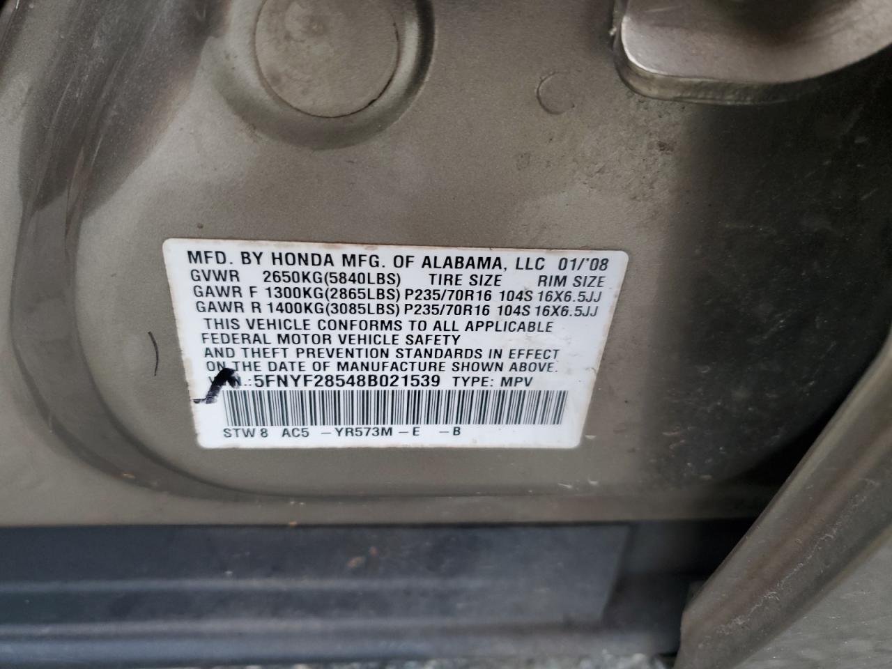 Lot #3277047174 2008 HONDA PILOT EXL