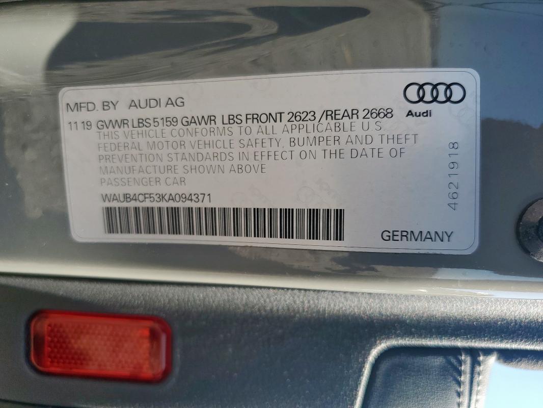 2019 AUDI S5 PREMIUM PLUS WAUB4CF53KA094371