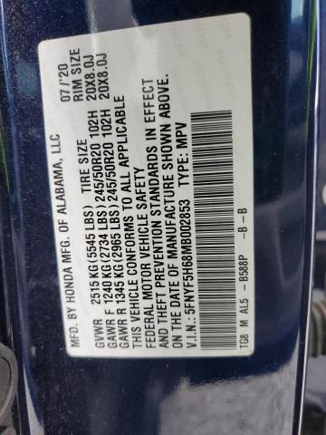 2021 HONDA PILOT TOUR 5FNYF5H68MB002853