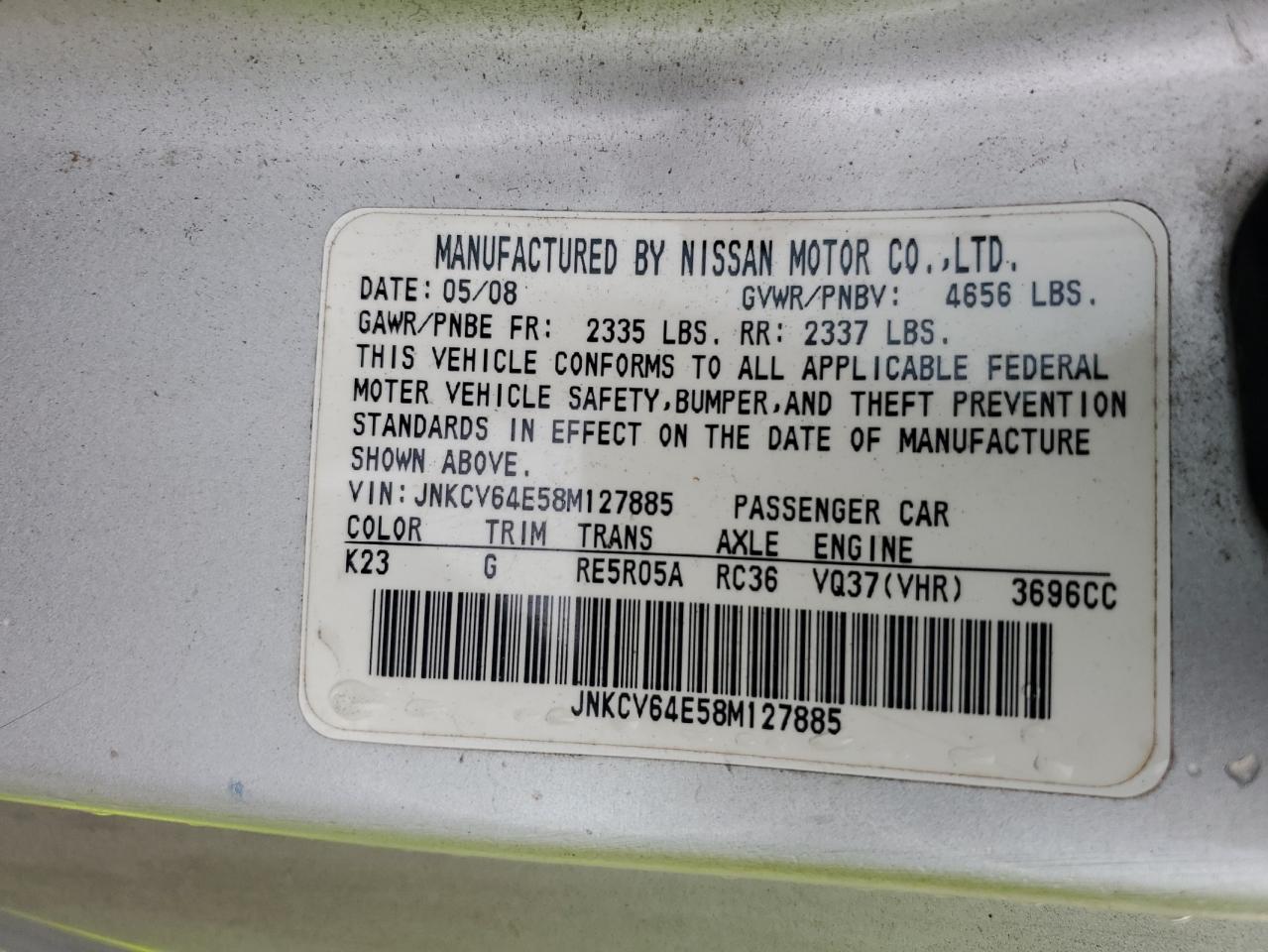 Lot #3285702687 2008 INFINITI G37 BASE