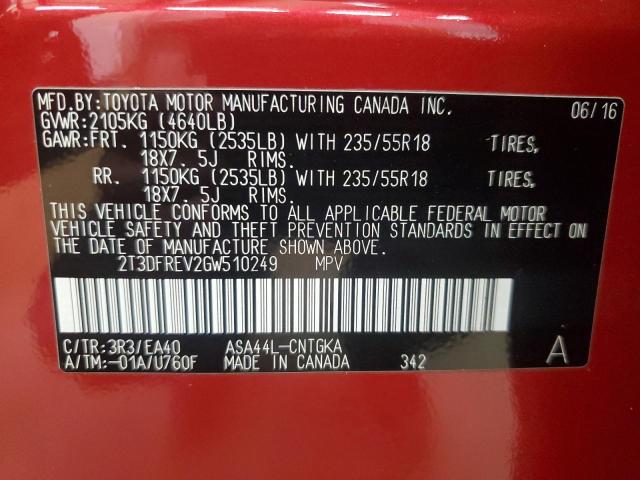 2016 TOYOTA RAV4 LIMITED 2T3DFREV2GW510249