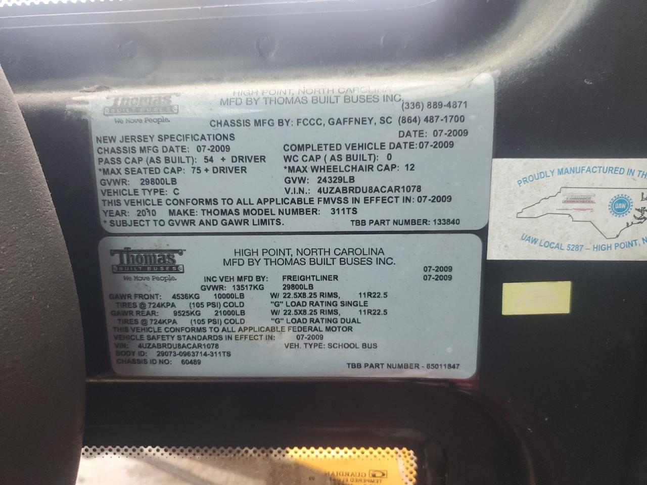 Lot #3273768366 2010 FREIGHTLINER SAF-T-LINER C2