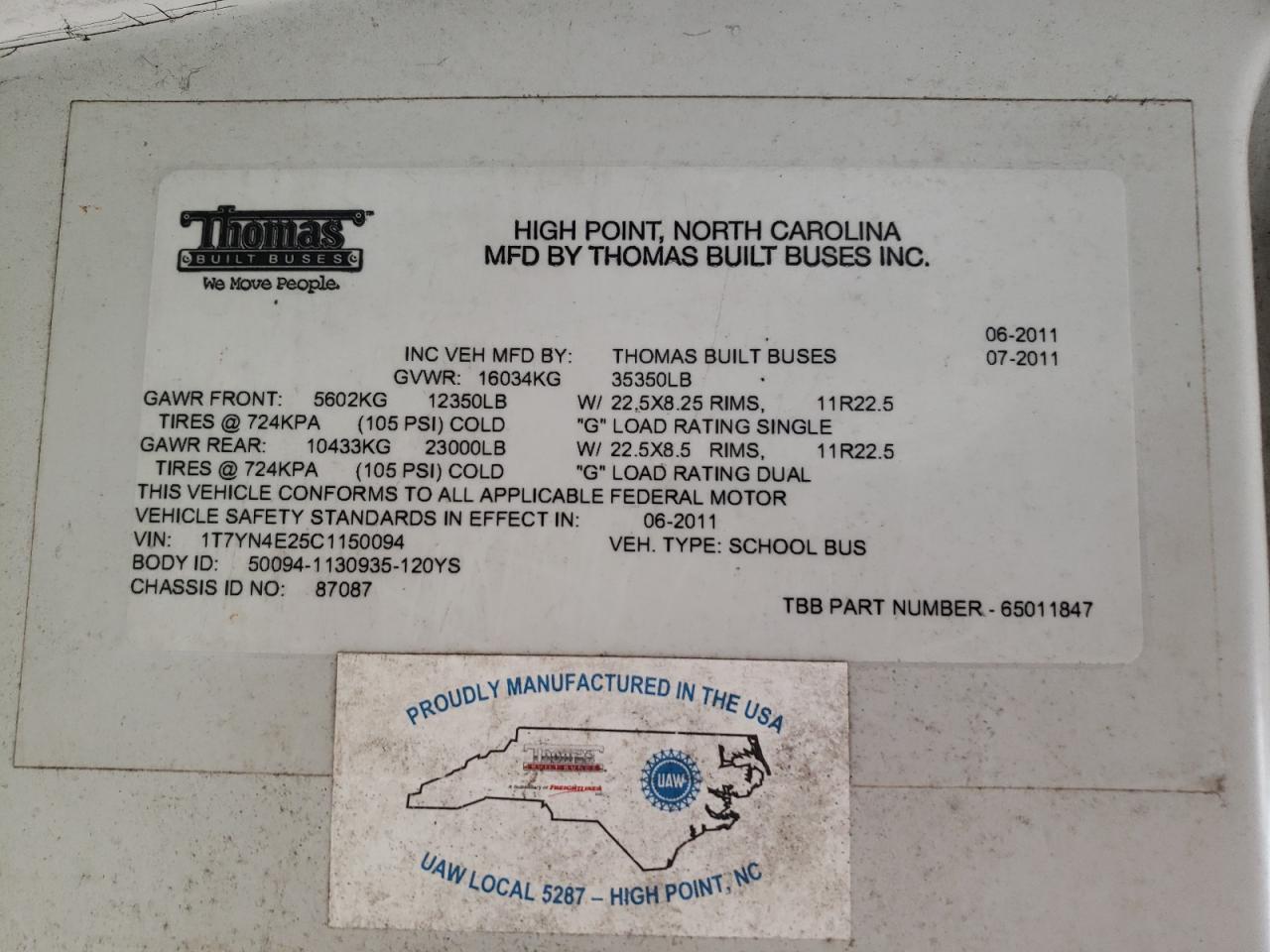 Lot #3278639962 2012 THOMAS SAF-T-LINER HDX