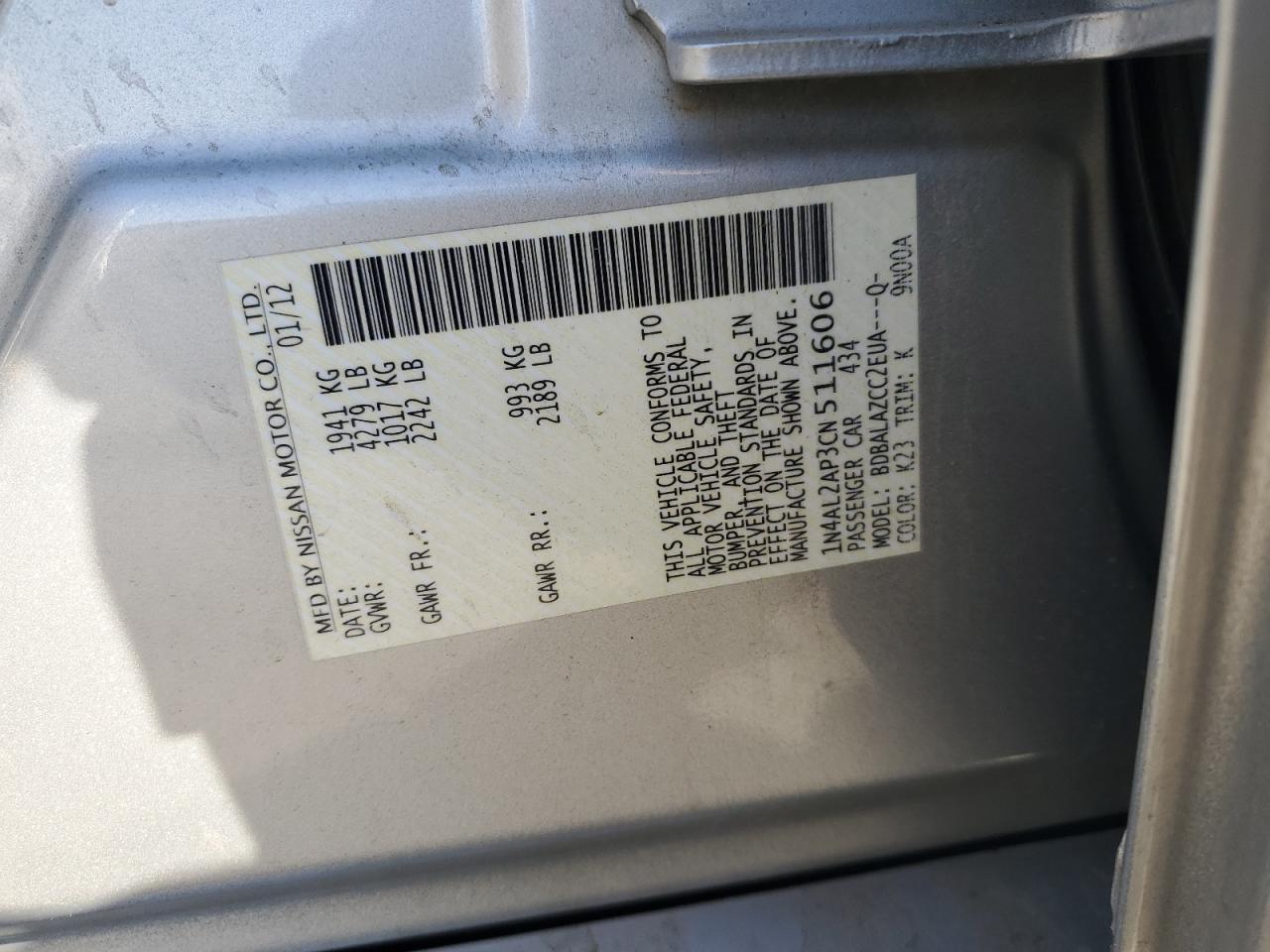 Lot #3315926085 2012 NISSAN ALTIMA BAS