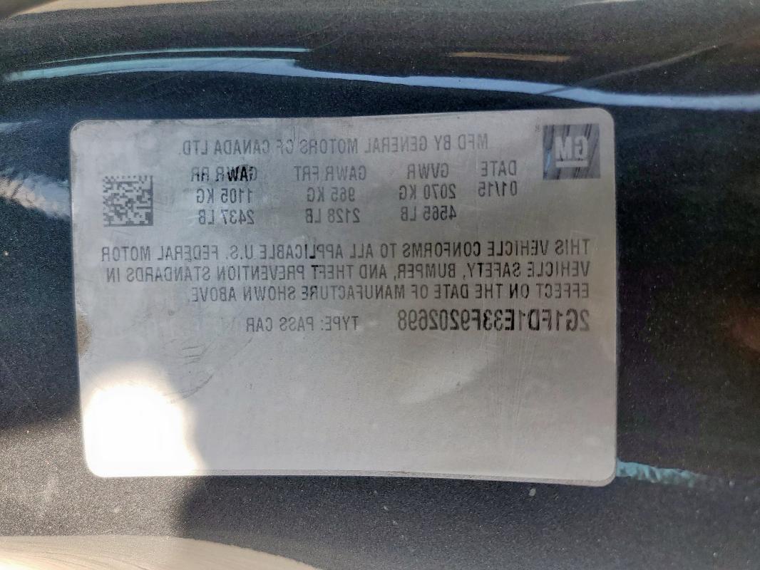 2015 CHEVROLET CAMARO LT 2G1FD1E33F9202698