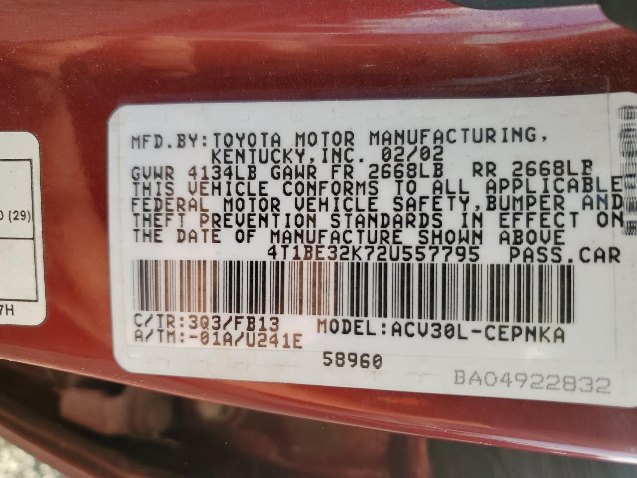 Lot #3282722282 2002 TOYOTA CAMRY LE