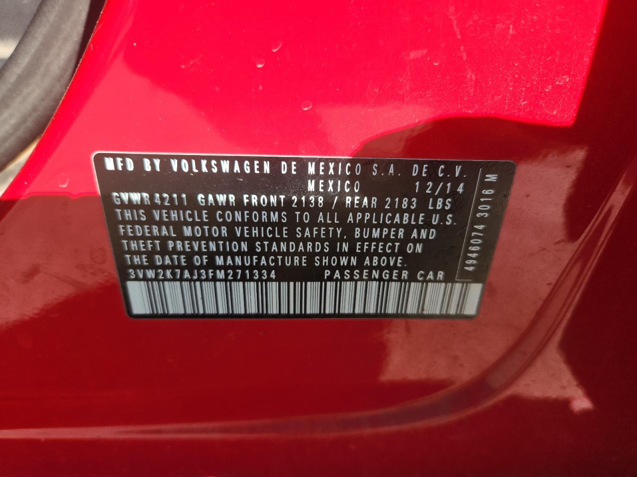 Lot #3317850918 2015 VOLKSWAGEN JETTA BASE