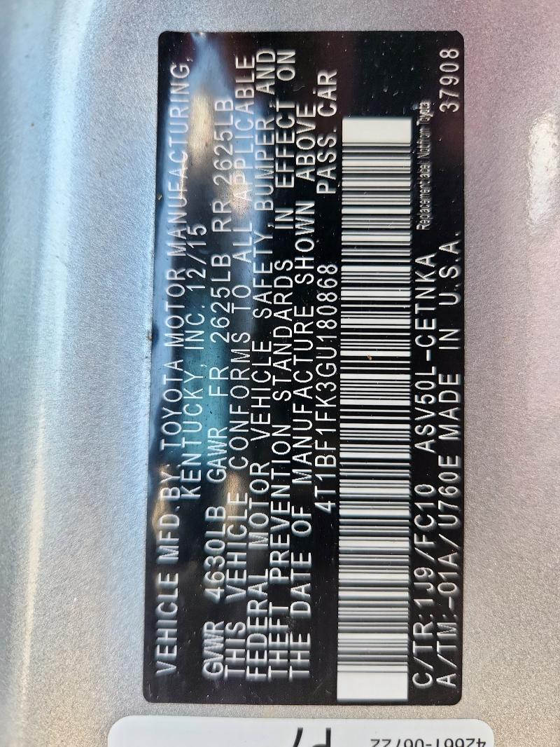 2016 TOYOTA CAMRY LE 4T1BF1FK3GU180868