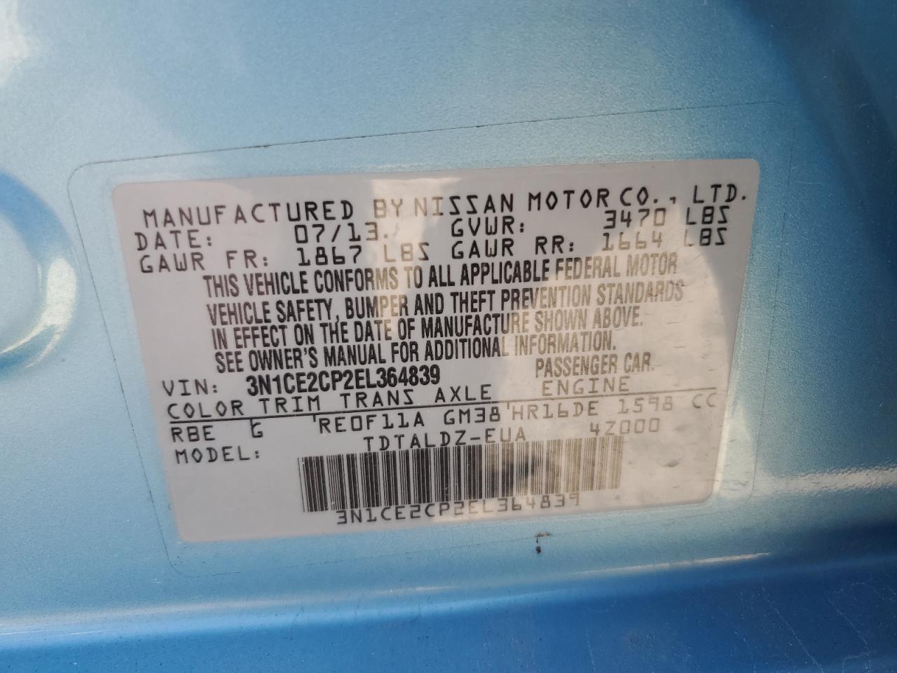 Lot #3309724872 2014 NISSAN VERSA NOTE