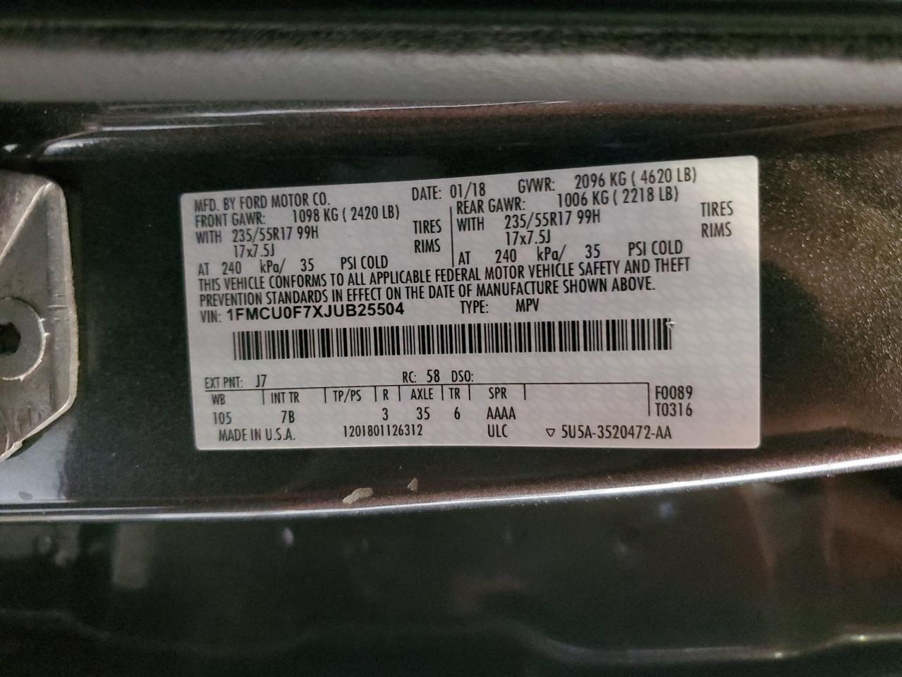 Lot #3311642238 2018 FORD ESCAPE S