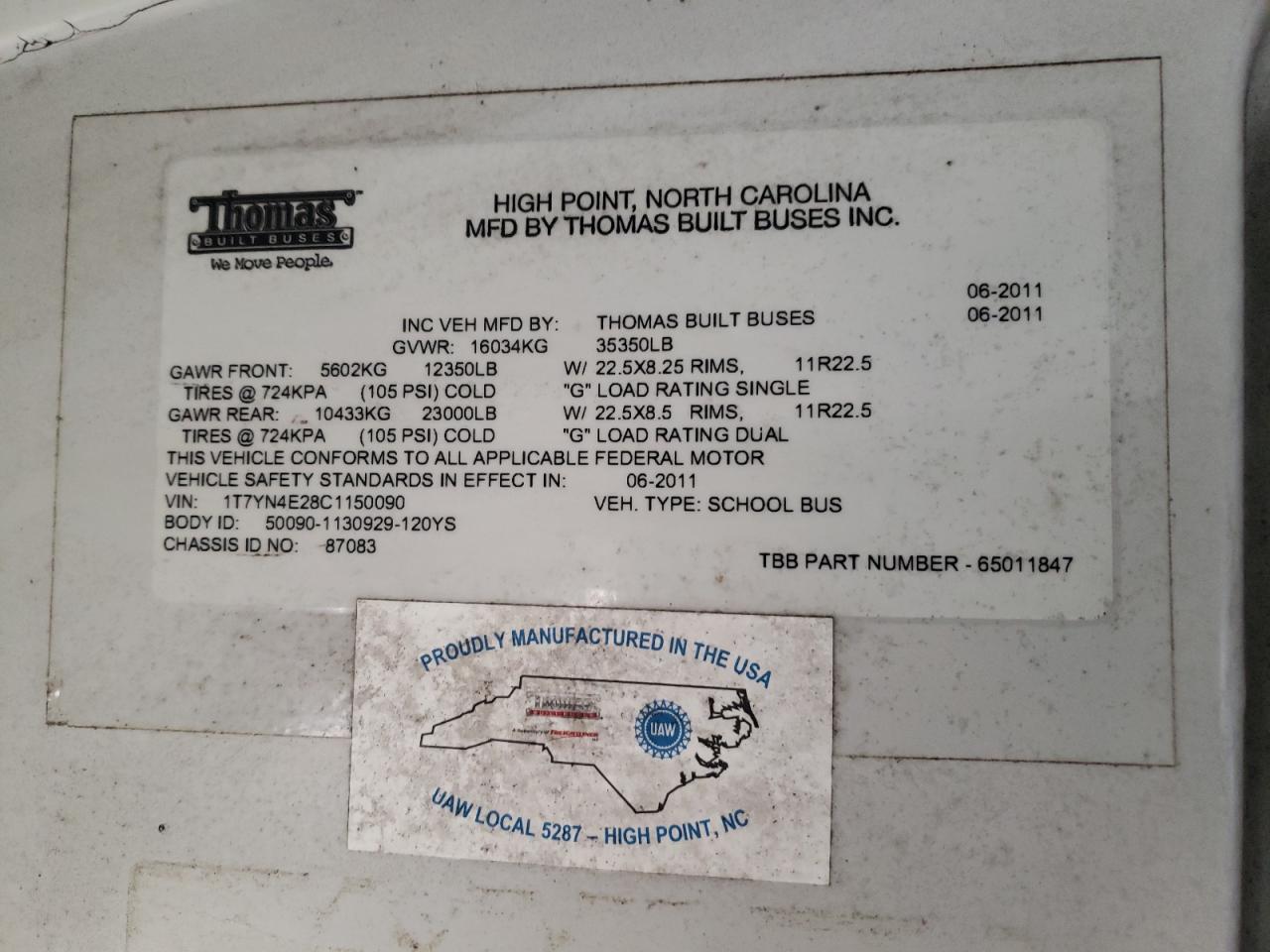 Lot #3274736872 2012 THOMAS SAF-T-LINER HDX